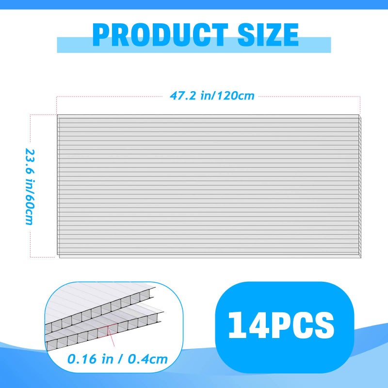 FAHKNS 14 Pack Polycarbonate Greenhouse Panels, 4' x 2' x 0.16" Twin-Wall Polycarbonate Sheets for All Weather Greenhouse Covering, Excellent Light Transmission & Weather Resistance for Optimal Plant Growth - Image 2