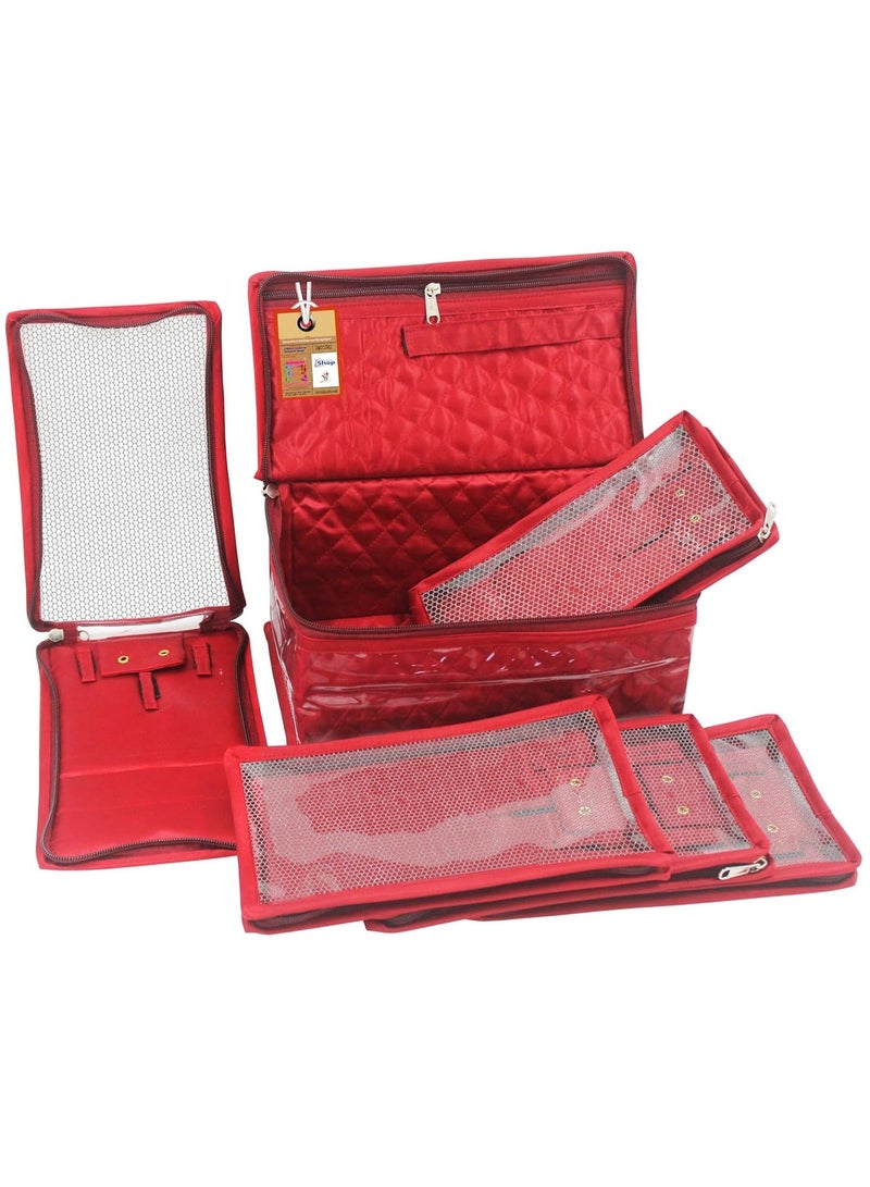 atorakushon® Satin Makeup Pouches Cosmetic Necklace Earrings Vanity Jewellery Organiser for Women's (Red ) - Image 1