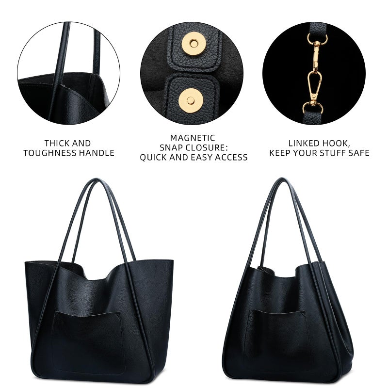 KKXIU Tote Bag for Women Vegan Leather Shoulder Purse Large Capacity Travel Bag - Black - Image 4