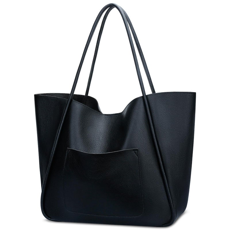KKXIU Tote Bag for Women Vegan Leather Shoulder Purse Large Capacity Travel Bag - Black - Image 1