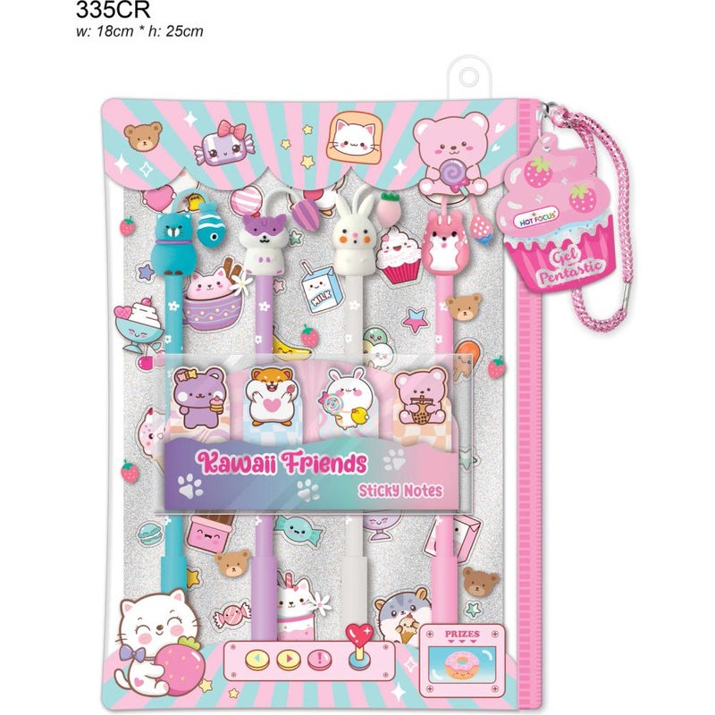 Hot Focus Kawaii Critter Friends Sticky Notes Gel Pens Set - Image 1