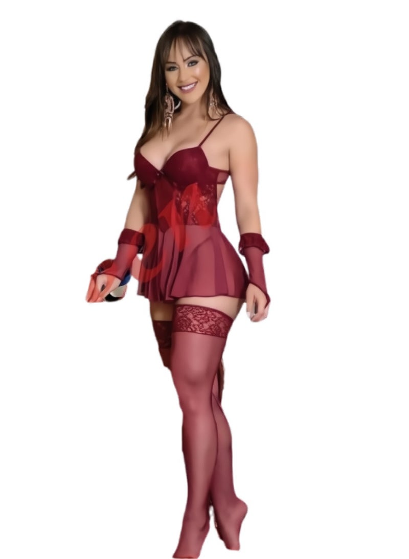 Elegant Lace Floral Lingerie Set, 5-Piece Sheer Mesh Babydoll with Ruffled Trim, Adjustable Straps
