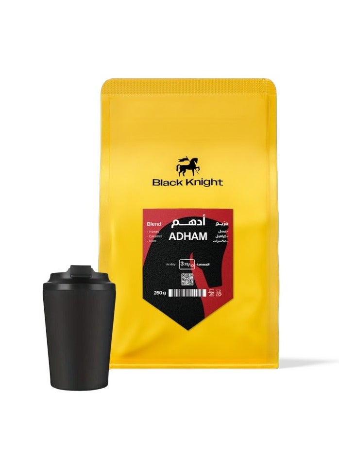 Black Knight Adham Espresso & Filter Blend Roasted Unground Coffee Beans for Specialty Coffee 250g with Thermos Mug  - Image 1