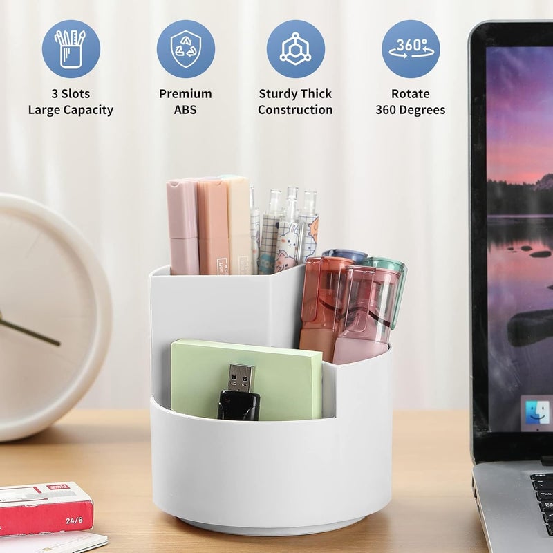 أكس سبرينج حامل أقلام، منظمات مكتب تدور 360 درجة، وعاء لطيف للأقلام، حامل أقلام مع 3 فتحات، منظم أقلام متعدد الوظائف للمنزل والمكتب والمدرسة (أبيض) - Image 2