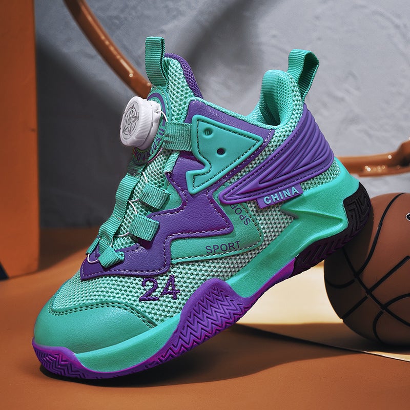 Youth Basketball Trainers with Leather Upper and Twist-Lock Closure, Non-Slip Mid-Top Sneakers - Image 1