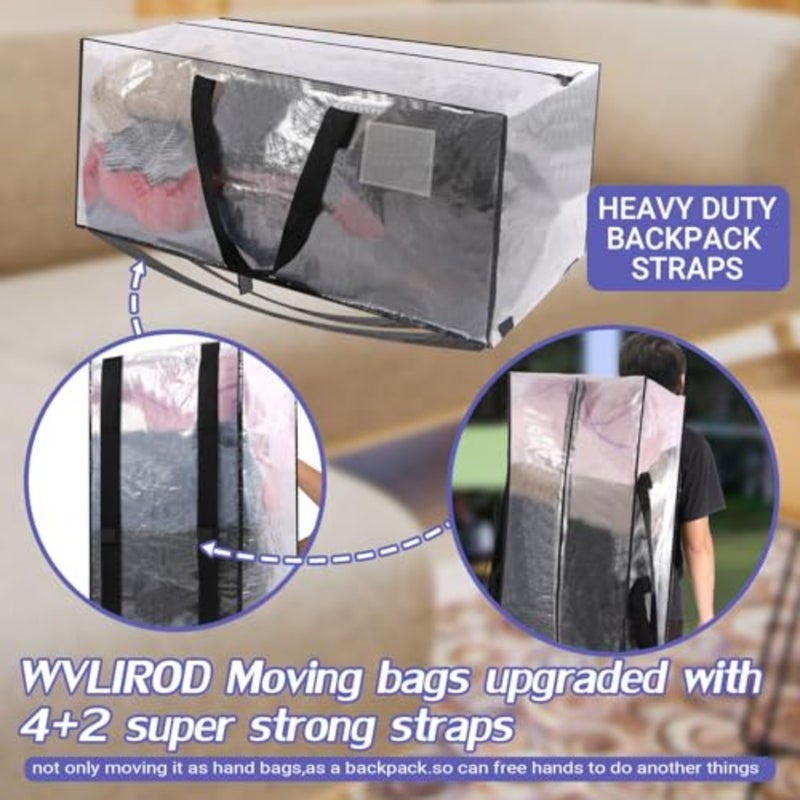 Heavy Duty Moving Bags, 8 Pack Clear Extra Large Organizer Storage Boxes With Backpack Straps Strong Handles and Zippers, Clothes Packing Pouches Reusable Foldable Oversize Moving Pockets - Image 4