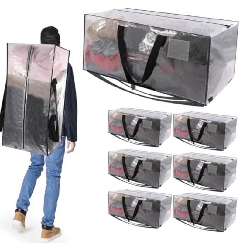 Heavy Duty Moving Bags, 8 Pack Clear Extra Large Organizer Storage Boxes With Backpack Straps Strong Handles and Zippers, Clothes Packing Pouches Reusable Foldable Oversize Moving Pockets - Image 1