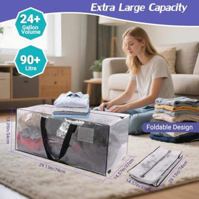 Heavy Duty Moving Bags, 8 Pack Clear Extra Large Organizer Storage Boxes With Backpack Straps Strong Handles and Zippers, Clothes Packing Pouches Reusable Foldable Oversize Moving Pockets - Image 3