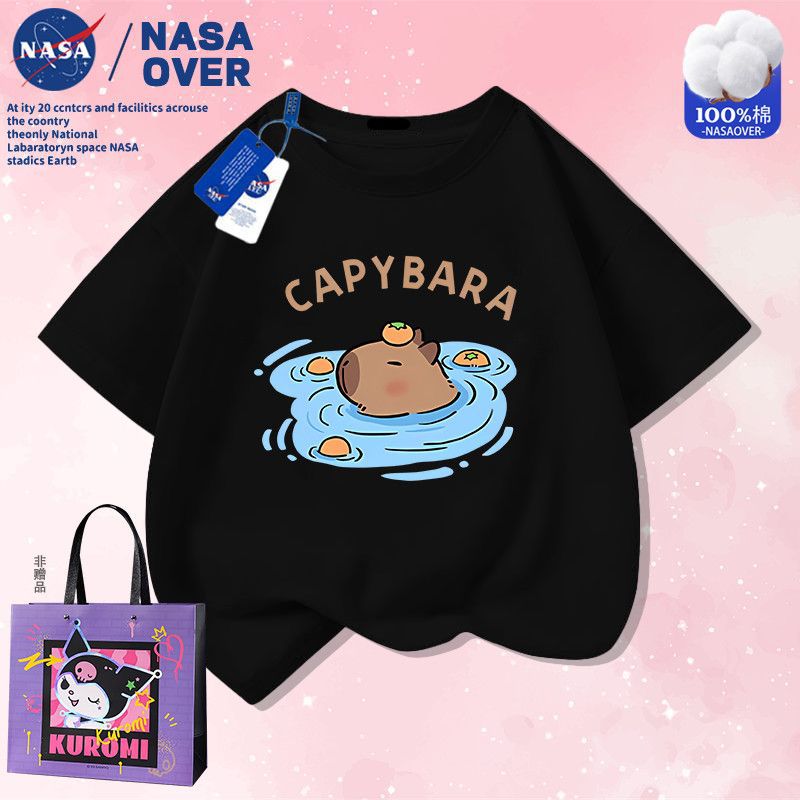Nasa Co-Brand Capibala Super Cute Summer Cotton Short-Sleeved Men'S And Women'S Middle And Big Children'S New Cartoon T-Shirt Half-Sleeved - Image 1
