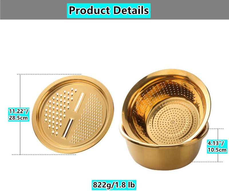 QOBIMOON QIBORUN 3PC/Set Colander Set Stainless Steel Vegetable Slicer Fruit Potato Peeler Carrot Grater Strainer Utensil Round Rice Washer Bowl Drain Basket-Gold - Image 5