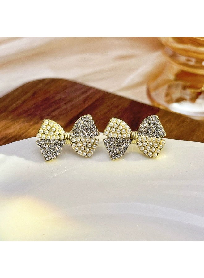 Goolsky Korean Style Pearl Bowknot Stud Earrings – Elegant Crystal Inlaid Ribbon Design, Chic & Feminine Jewelry - Image 1
