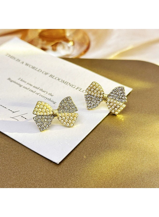 Goolsky Korean Style Pearl Bowknot Stud Earrings – Elegant Crystal Inlaid Ribbon Design, Chic & Feminine Jewelry - Image 3