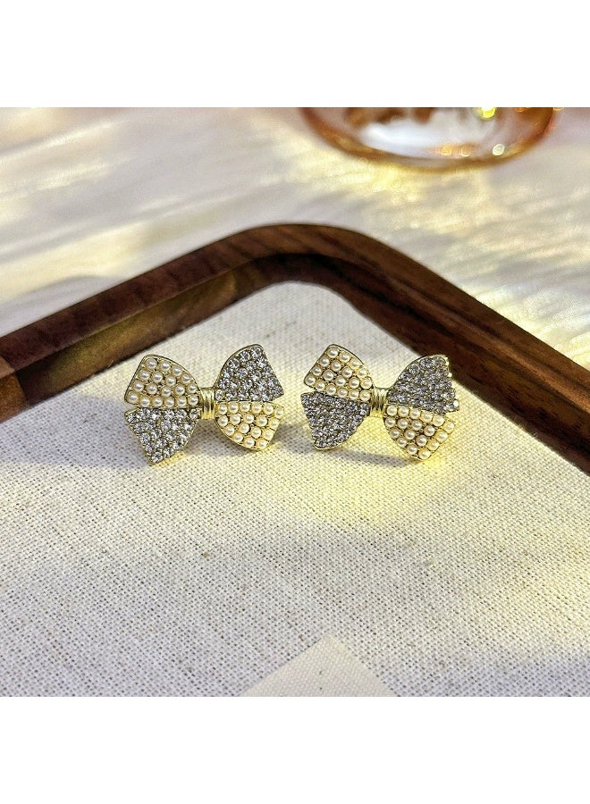 Goolsky Korean Style Pearl Bowknot Stud Earrings – Elegant Crystal Inlaid Ribbon Design, Chic & Feminine Jewelry - Image 4