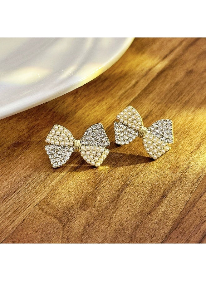Goolsky Korean Style Pearl Bowknot Stud Earrings – Elegant Crystal Inlaid Ribbon Design, Chic & Feminine Jewelry - Image 2