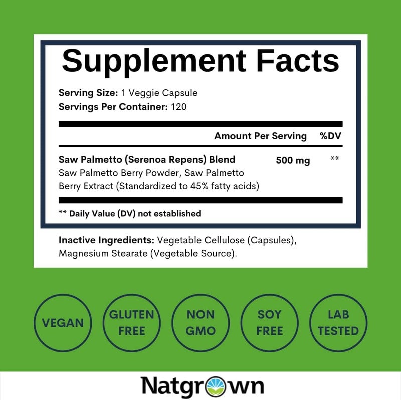 Natgrown Saw Palmetto for Men 500mg  Prostate Health Supplement with DHT Blocker for Hair Loss  Urinary Flow  120 Vegan Capsules  NonGMO GlutenFree - Image 4