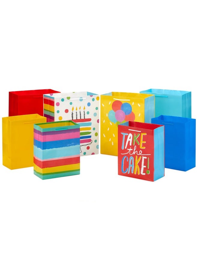 Hallmark Hallmark Assorted Birthday Gift Bags (8 Bags: 4 Medium 9", 4 Large 13") Birthday Cake, Stripes, Balloons, Solids in Red, Yellow, Blue  - Image 5