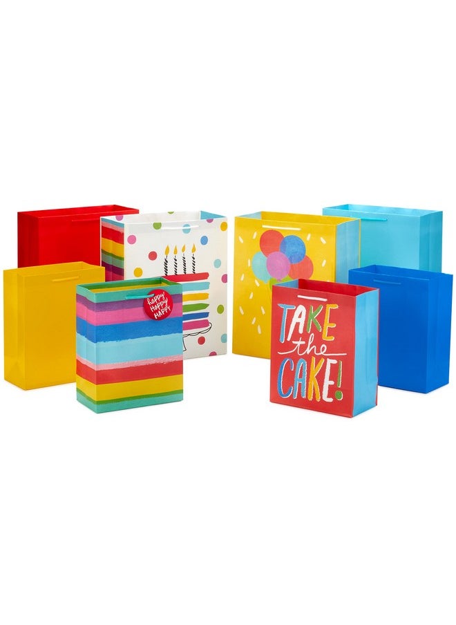 Hallmark Hallmark Assorted Birthday Gift Bags (8 Bags: 4 Medium 9", 4 Large 13") Birthday Cake, Stripes, Balloons, Solids in Red, Yellow, Blue  - Image 1