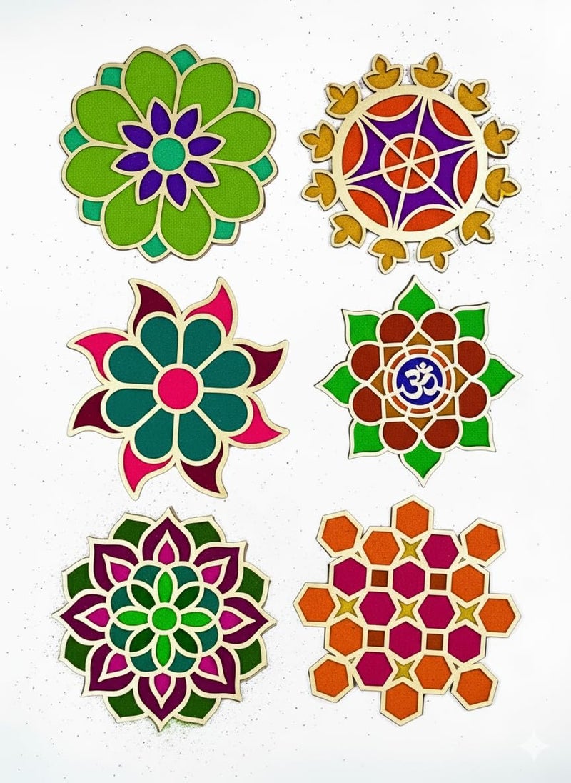 TOTA Rangoli Colour Stencils – 4X4 inch Each | Set of 6 MDF Rangoli Stencils for Door Entrance | Reusable 3D Readymade Rangoli Mats for Floor Diwali Decoration Home Navratri Pongal Onam Chhat Puja - Image 1