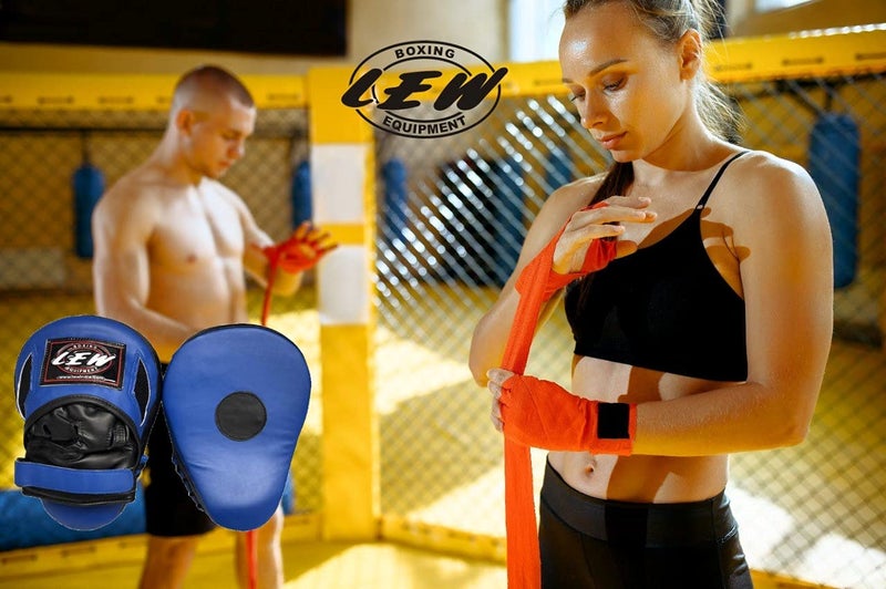 LEW Blue/Black Pre Curved Boxing/Kick Boxing MMA Muay Thai with a Pair of Hand Wraps Pleather Focus Pad - Image 5