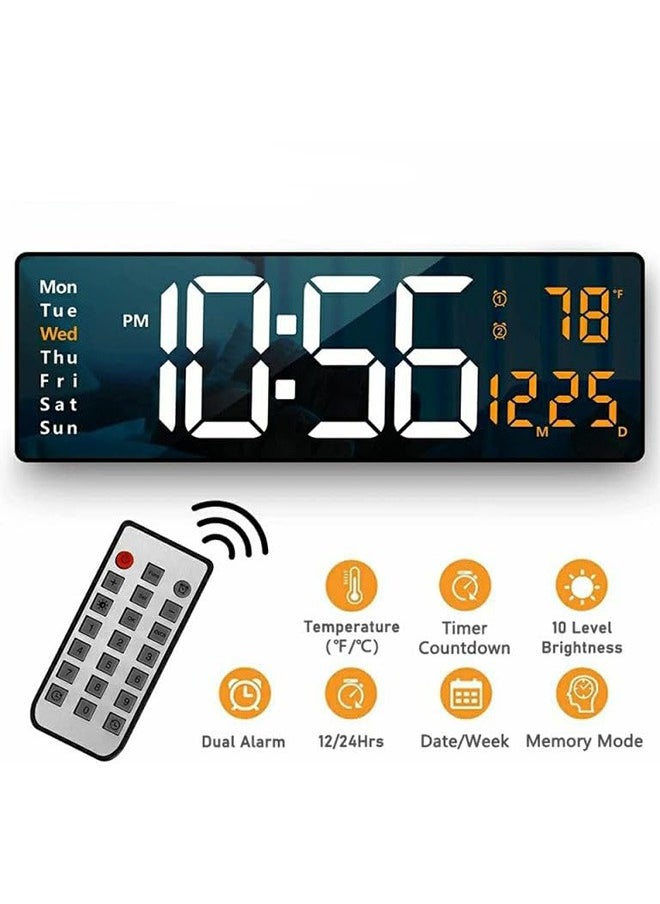 Digital Wall Clock Large Display，Modern LED Digital Clock with Remote Control,Wall Clock with Date Week Temperature for Living Room Decor