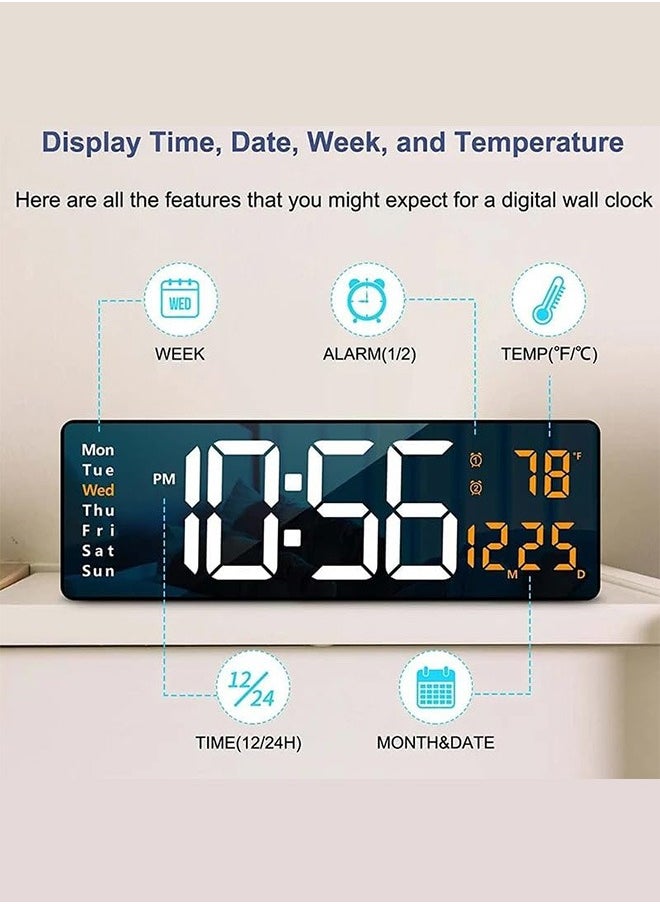 Digital Wall Clock Large Display，Modern LED Digital Clock with Remote Control,Wall Clock with Date Week Temperature for Living Room Decor