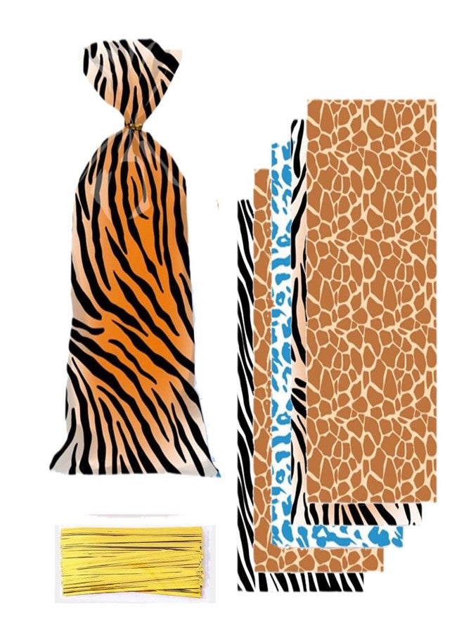 OHLIGEI 50 Pieces Jungle Animal Treat Bags Wild Giraffe Cheetah Zebra Tiger Print Cellophane Plastic Candy Bags Goodie Favor Bags with Twist Ties for Jungle Safari Zoo Birthday Party Supplies - Image 1