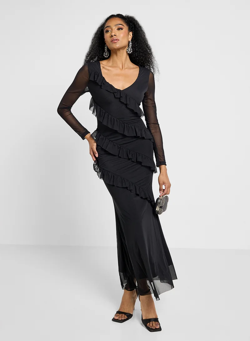 جينجر Frill Detail Bodycon Maxi Dress