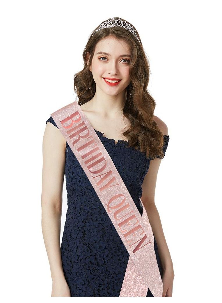 AMERTEER Birthday Queen Sash and Rhinestone Diamond Tiara Set Girls Women Birthday Decoration Rose Gold - Image 2