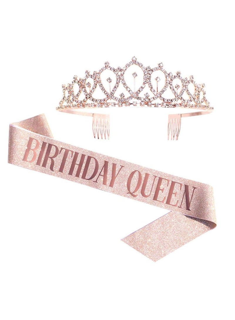 AMERTEER Birthday Queen Sash and Rhinestone Diamond Tiara Set Girls Women Birthday Decoration Rose Gold - Image 1