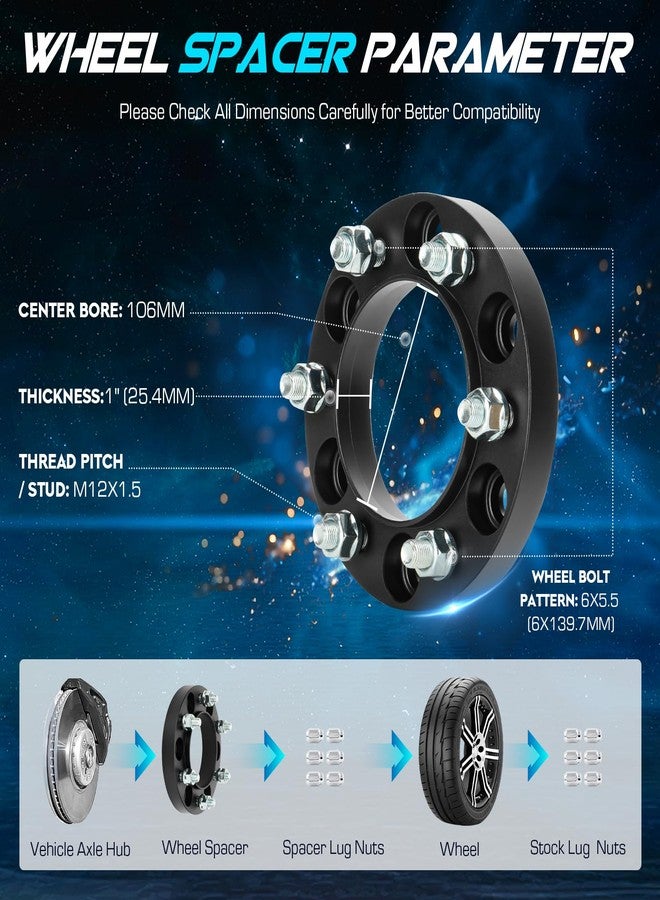 ILONPA 6x5.5 1" (25.4mm) Hubcentric Wheel Spacers 6 Lugs with 106mm Bore for 1996-2022 Toyota 4Runner, 2007-2022 FJ Cruiser, 2005-2022 Fortuner, 2002-2019 Lexus GX460, 1 inch 6x139.7mm M12x1.25 Studs 4pcs - Image 2