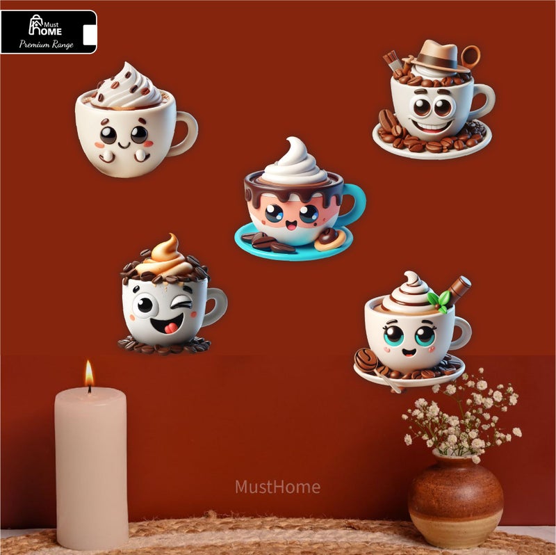 MustHome Kitchen Decoration Items, Coffee Cups | Cute Smile Cup and Cups Kitchen Wall Decor | Stickers Wall | Wall Reusable Stickers, Reusable Sticker s, Set of 5, Wood - Image 2