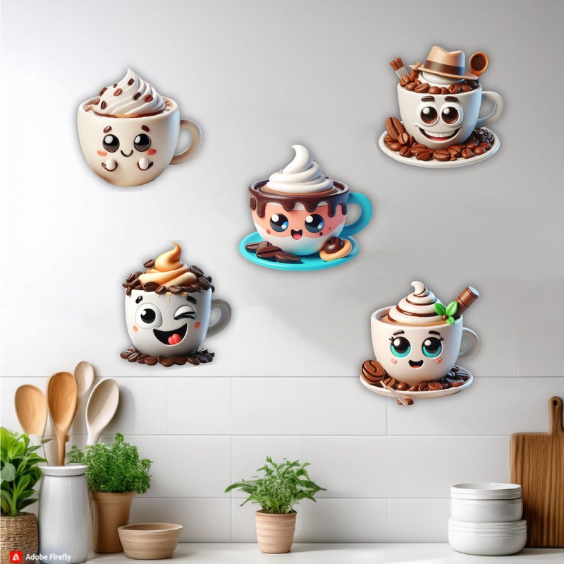 MustHome Kitchen Decoration Items, Coffee Cups | Cute Smile Cup and Cups Kitchen Wall Decor | Stickers Wall | Wall Reusable Stickers, Reusable Sticker s, Set of 5, Wood - Image 1