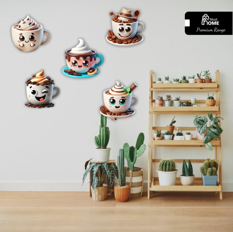 MustHome Kitchen Decoration Items, Coffee Cups | Cute Smile Cup and Cups Kitchen Wall Decor | Stickers Wall | Wall Reusable Stickers, Reusable Sticker s, Set of 5, Wood - Image 4