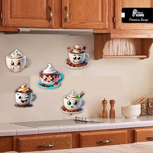 MustHome Kitchen Decoration Items, Coffee Cups | Cute Smile Cup and Cups Kitchen Wall Decor | Stickers Wall | Wall Reusable Stickers, Reusable Sticker s, Set of 5, Wood - Image 5