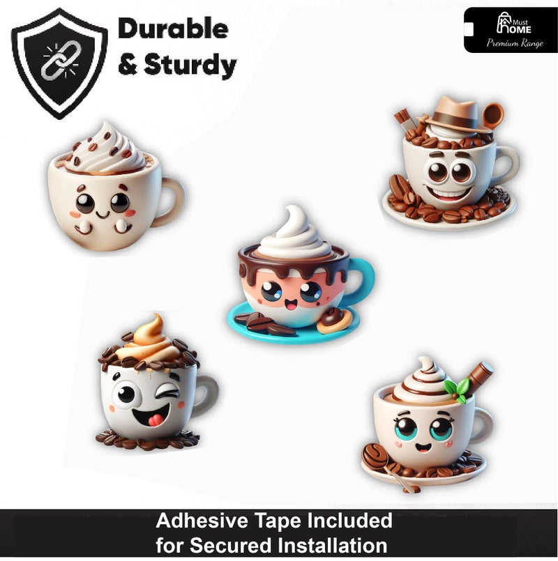 MustHome Kitchen Decoration Items, Coffee Cups | Cute Smile Cup and Cups Kitchen Wall Decor | Stickers Wall | Wall Reusable Stickers, Reusable Sticker s, Set of 5, Wood - Image 3