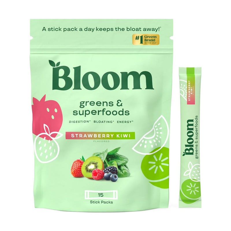 Bloom Nutrition باكيتات مسحوق الخضروات والأطعمة الخارقة من بلوم للتDigestive Health مسحوق الخضروات إنزيمات هضمية بروبيوتيك سبيرولينا كلوريلا لدعم البطن 15 عود بنكهة الفراولة والكيوي