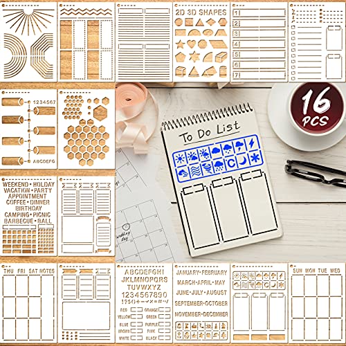 Konsait 16Pack Journal DIY Stencils Templates, Reusable Plastic Craft Drawing Painting Template for Painting on Wood,Greeting Cards, Albums, Scrapbook, Notebook, Journal, Wall Art, Cookie Home Decor - Image 1
