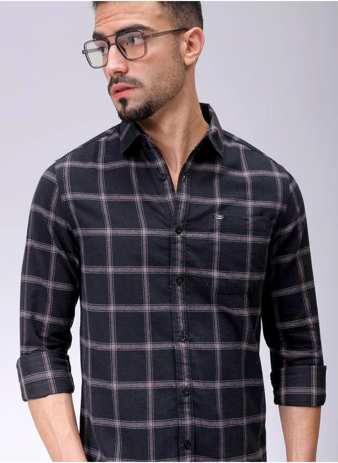 The Indian Garage Co Men Slim Fit Checkered Full Sleeves Cutaway Collar Casual Shirt