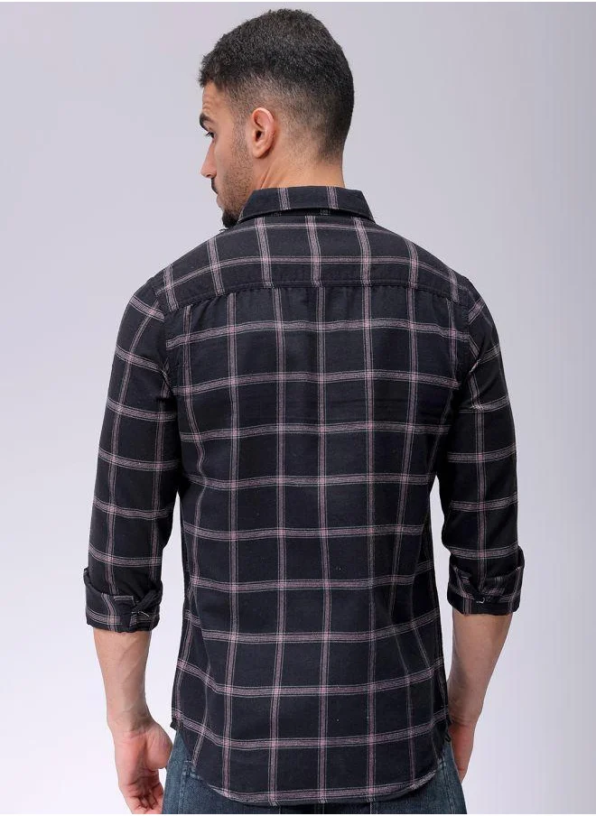 The Indian Garage Co Men Slim Fit Checkered Full Sleeves Cutaway Collar Casual Shirt
