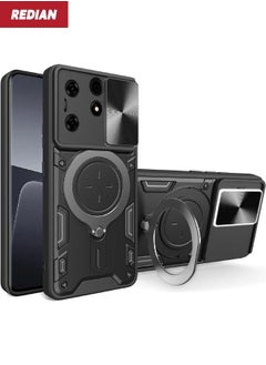 ITEL A70 Case, ITEL A70 Case Cover with Slide Camera Cover, Military Grade Heavy Duty Shockproof Protective Phone Cover Case with Round Ring Kickstand for ITEL A70 4G, Black