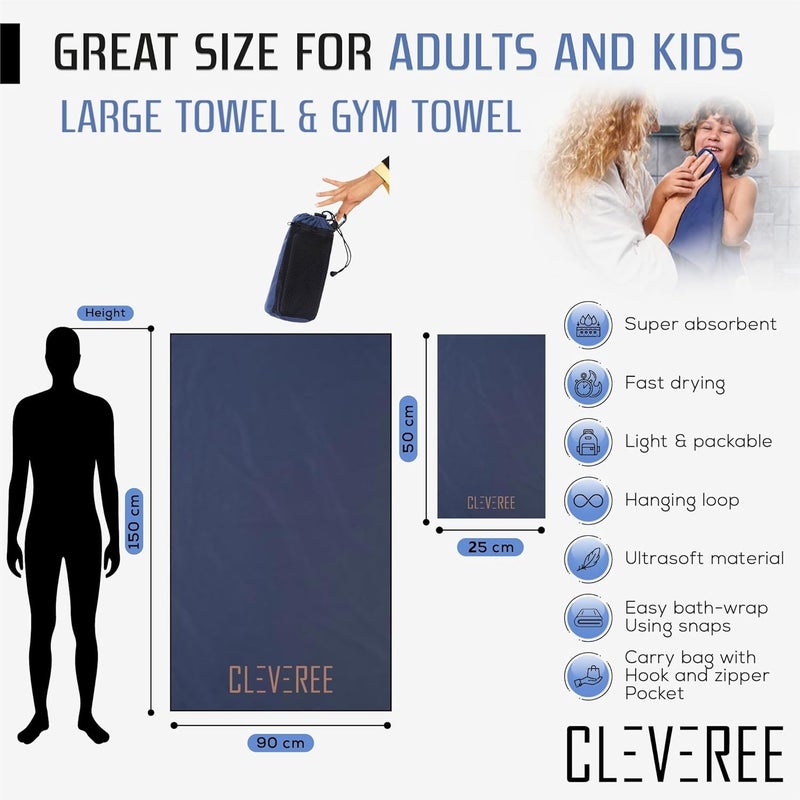 CLEVEREE Beach Towel for Men and Women 150x 90cm- Large Towel- Swimming Microfiber Towel- Highly Absorbent Fast drying Towel- With Carry bag (Navy Blue) Economical varied sizing picks - Image 5