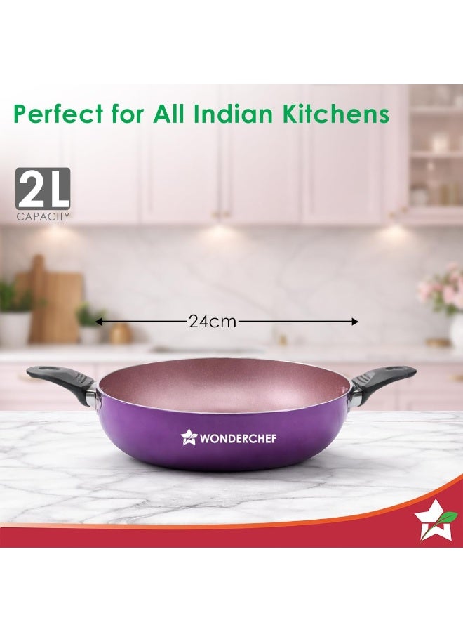 Wonderchef Valencia Non-Stick Kadhai with Glass Lid | Cool Touch Bakelite Handles | Pure Grade Aluminium| PFOA Free|2 litres Capacity | Size 24 cm Kadai | 1 Year Warranty | Purple - Image 3