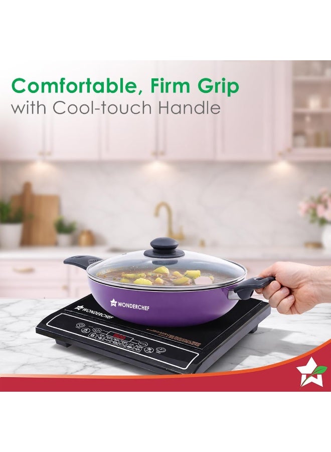 Wonderchef Valencia Non-Stick Kadhai with Glass Lid | Cool Touch Bakelite Handles | Pure Grade Aluminium| PFOA Free|2 litres Capacity | Size 24 cm Kadai | 1 Year Warranty | Purple - Image 2