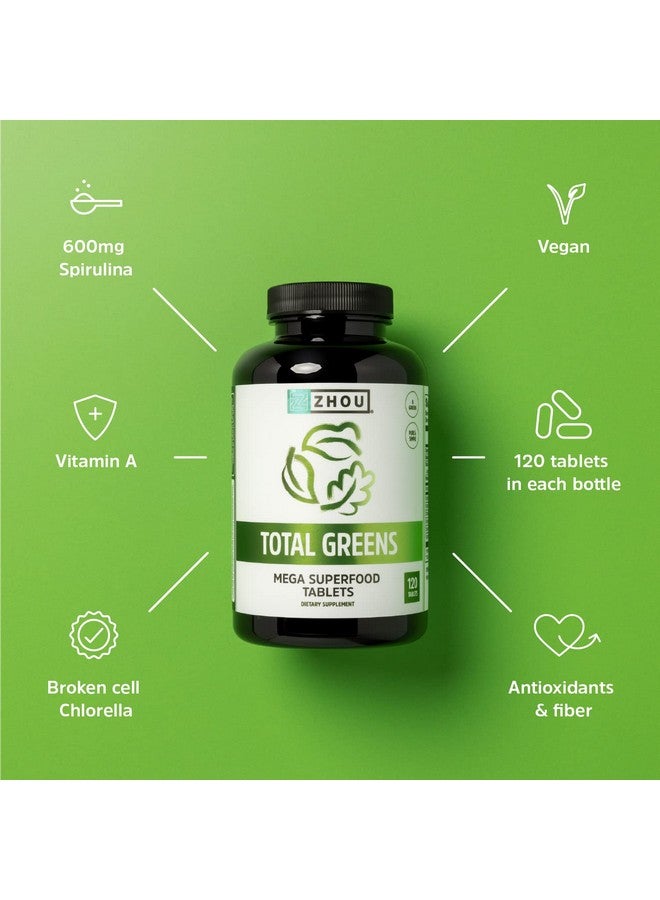 Zhou Nutrition Total Greens, Mega Superfood Tablets, Blend of Greens Supplement, Fiber and Antioxidants, Vitamin A, Spirulina, Chlorella, Alfalfa, 120 Tablets - Image 4