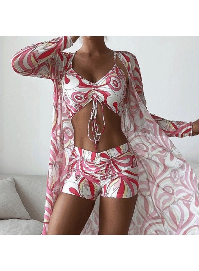 Generic European And American Color Printed Blouse Thin Translucent Three-piece Swimsuit Women's Sunscreen Beach Suit-Color:color Orange-Size:L - Image 4
