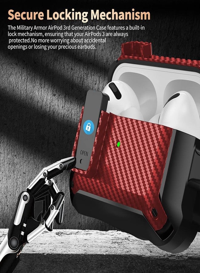 Olytop AirPods 3rd Generation Case with Lock Lid & Cleaner Pen, Full-Body Rugged AirPod Gen 3 Shockproof Case Armor Protective Skin Cover Men with Carabiner for iPod Airpods 3rd Gen, Black/Red - Image 3