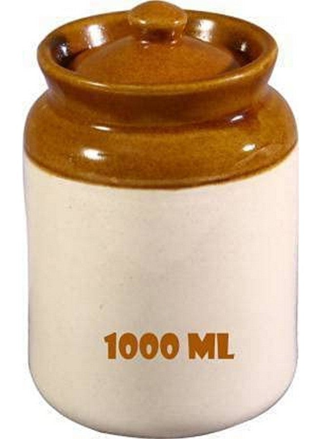 SHRIYAM CRAFTS Ceramic Handmade Pickle Jar Set with Lid, Dining Table 1000ML BROWN AND WHITE PACK OF 1 (1 KG JARS) - Image 1