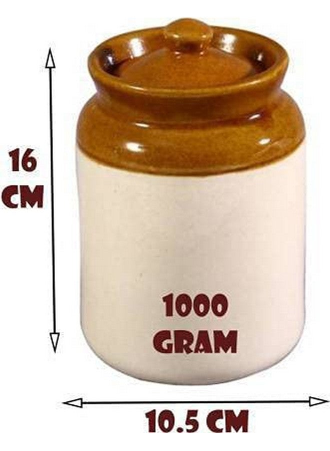 SHRIYAM CRAFTS Ceramic Handmade Pickle Jar Set with Lid, Dining Table 1000ML BROWN AND WHITE PACK OF 1 (1 KG JARS) - Image 2