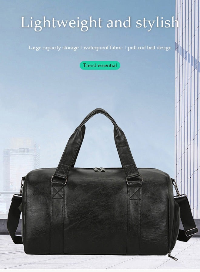 Leather Travel Tote Bag with Shoes Compartment，Oversized Travel Duffel Bag，Sports Gym Bag，Waterproof Business Travel Outdoor Luggage Bag，Black  - Image 4