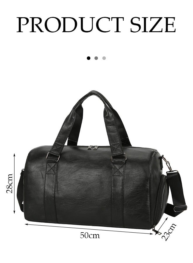 Leather Travel Tote Bag with Shoes Compartment，Oversized Travel Duffel Bag，Sports Gym Bag，Waterproof Business Travel Outdoor Luggage Bag，Black  - Image 3